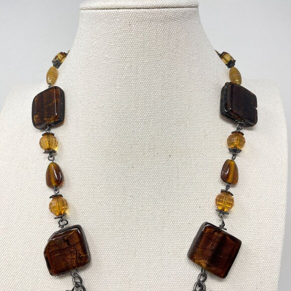 Murano Glass Beaded Necklace Square Pendant Amber Brown Faceted - Picture 4 of 16